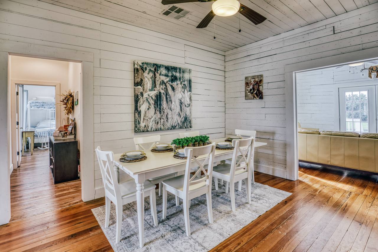 Living room — shiplap walls and wood floors